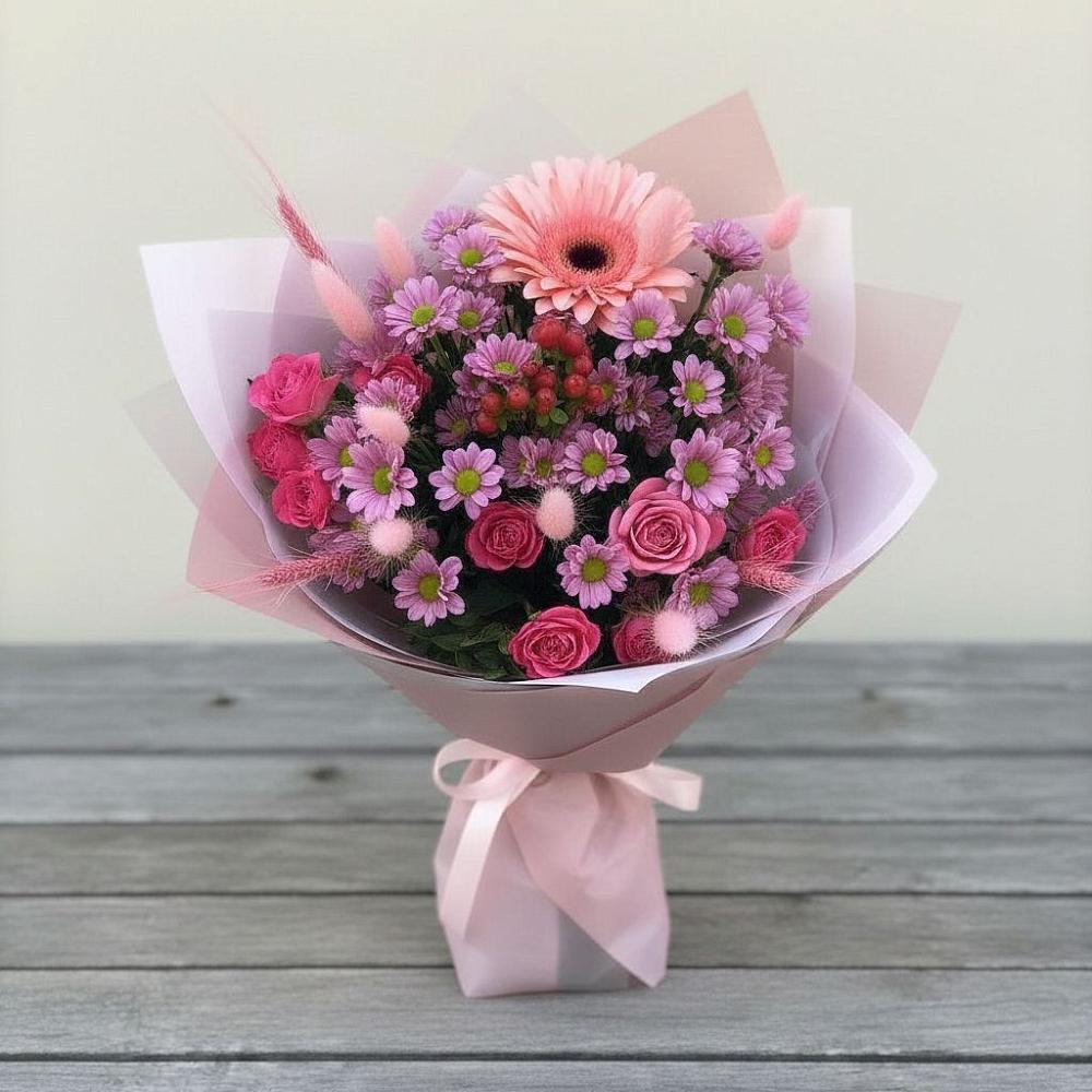 Букет цветов из: Розы, Герберы и Хризантемы в Штурме